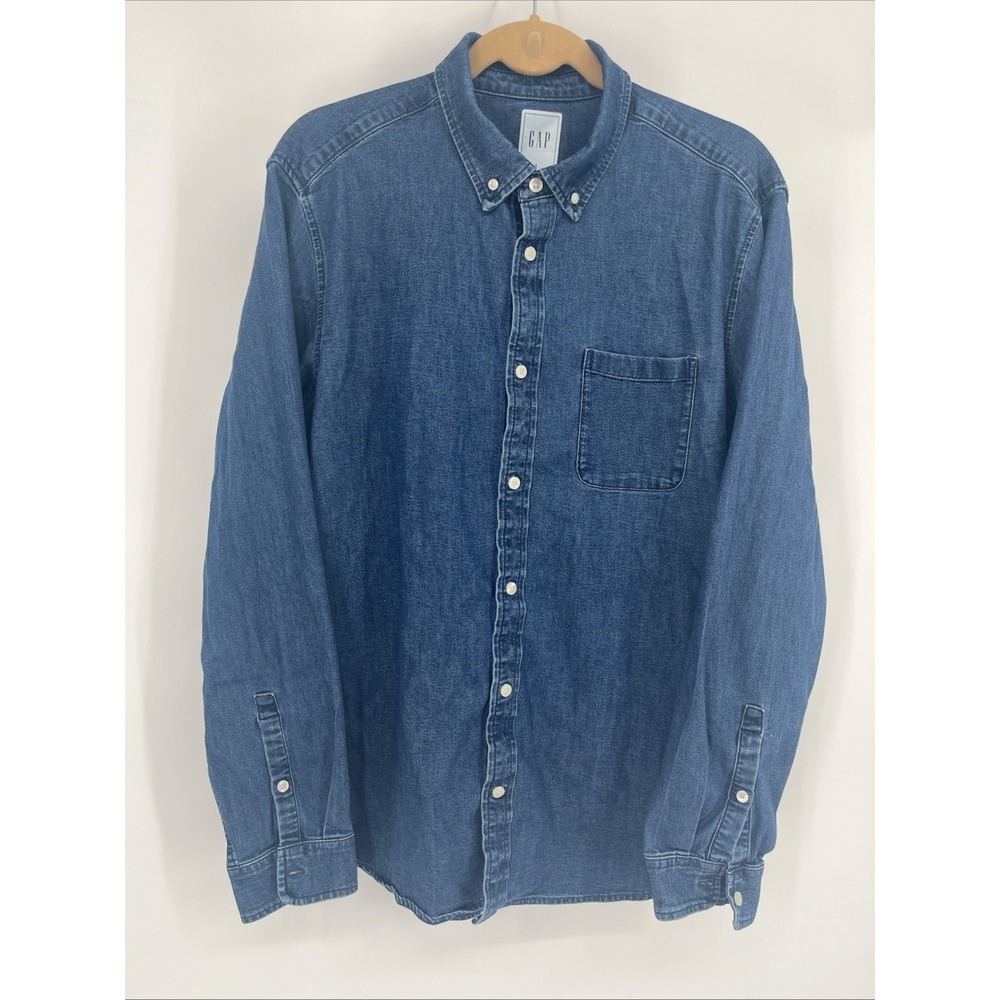 GAP Men's Denim Shirt Button Down Blue Indigo Cotton Stretch Large EUC